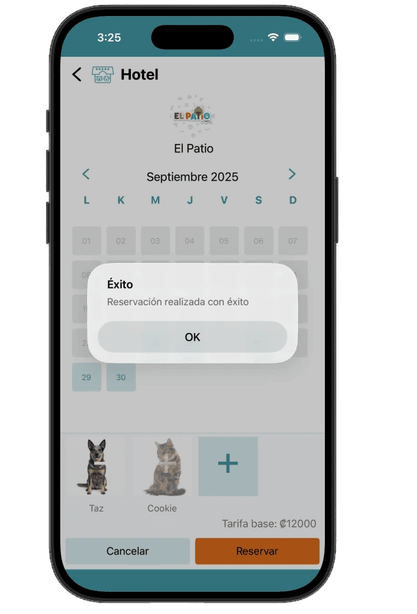 Confirmación de Reserva en petziClub